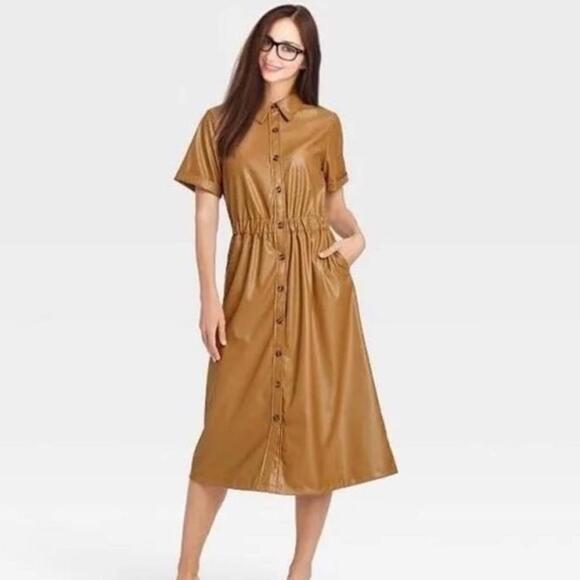 Who What Wear Faux Leather Camel Button Down Midi Dress Women’s size Small - Picture 12 of 13